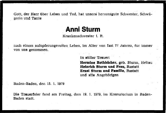 Sturm Anna 1902-1979 Todesanzeige